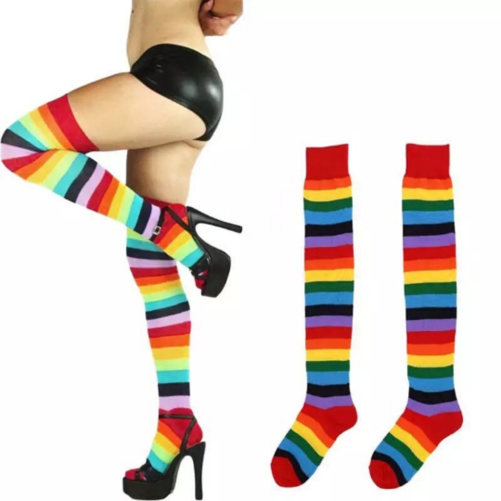 NWT. Rainbow Thigh High Socks, imported, OS